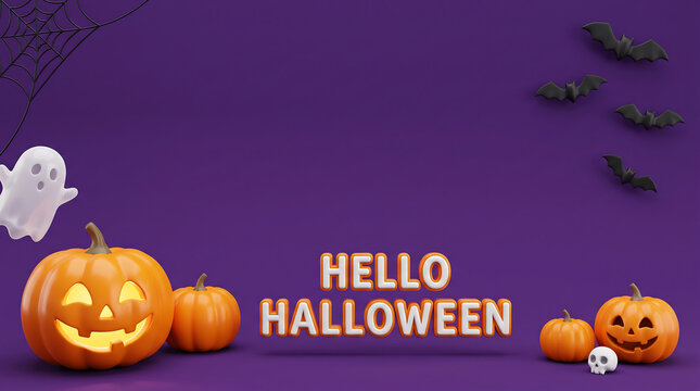 Halloween pumpkin jack-o-lanterns with glowing faces and festive greeting text on purple background