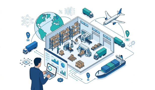 AI Powered Global Supply Chain and Logistics Warehouse with Businessman Laptop International Trade and E Commerce Vector