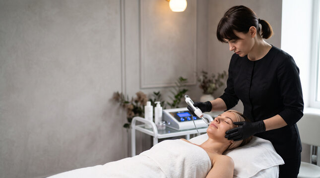 Professional cosmetologist performing a comprehensive aesthetic session featuring botox, mesotherapy, dermastamp, laser hair removal, facial cleansing, hydra facial, massage, and chemical peeling to r