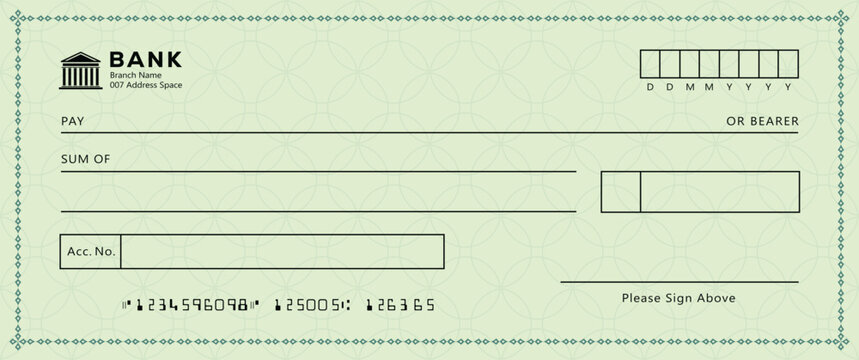 Blue Bank check, vector blank money cheque, checkbook template with guilloche pattern and fields. Currency payment coupon, money check background