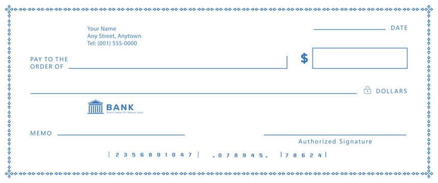 Blue Bank check, vector blank money cheque, checkbook template with guilloche pattern and fields. Currency payment coupon, money check background