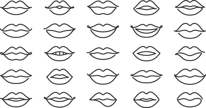 Set of hand drawn lips and mouth expressions line art