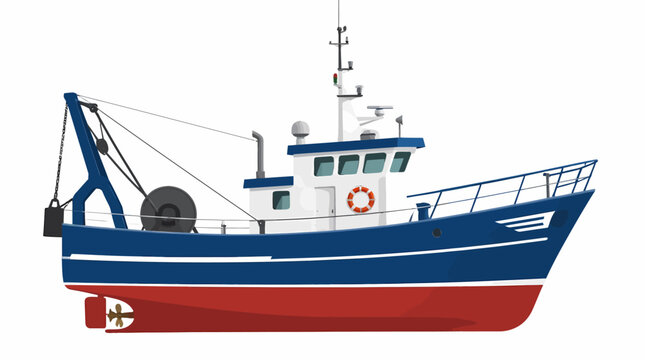 Fishing Boat at Sea with Crane and Deck Equipment