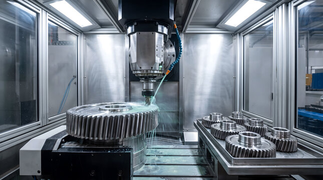 Cnc milling machine cutting a large metal gear with coolant fluid, surrounded by finished steel gear components inside an industrial workshop enclosure