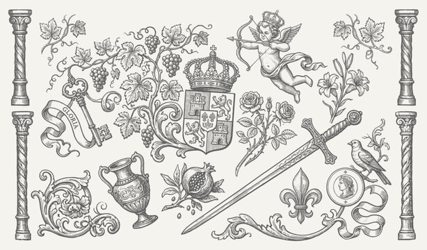 Vintage heraldic frame featuring flowers, shield, crown, sword, goblet, ribbons, and scrollwork.