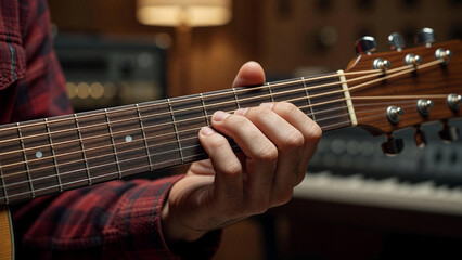 Fototapeta premium Male hand pressing acoustic guitar strings on fretboard in music studio, music lesson and skill development