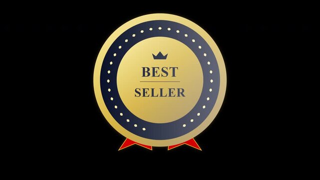 Gold Best Seller Badge with Crown and Red Ribbon on Black Background