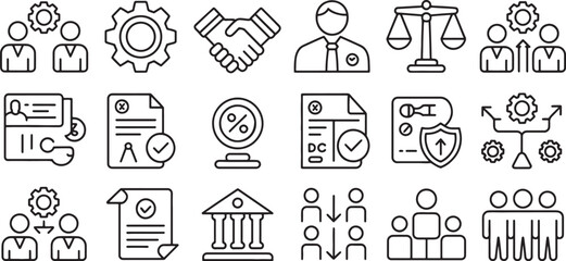 Fototapeta premium Business Icons Set with People, Gears, Scales, and Handshake Symbols. Modern Outline Design for Management, Teamwork