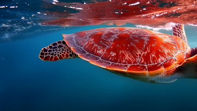 Sea turtle swimming underwater in clear blue ocean water with sun rays and surface reflections. Marine biology and sustainability concept video preview for environmental documentary.