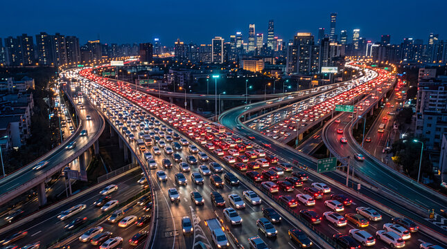 An aerial view of a massive traffic jam on a complex highway interchange at night with a glowing urban city skyline in the background.
