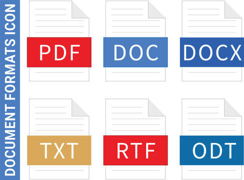 Document File Format Icons Collection with PDF, DOC, DOCX, TXT, RTF and ODT File Types for Digital Documents and Office Software