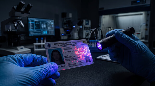 Identity card is examined with an ultraviolet flashlight by a scientist in a dark forensic laboratory.
