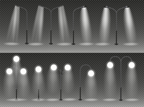 3d vector Modern and vintage city street lights row working at night. Urban electrical lightning system. Glowing retro lampposts.