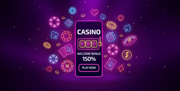 Jackpot win on casino slot machine neon glowing linear on smartphone screen vector design, online casino gambling game