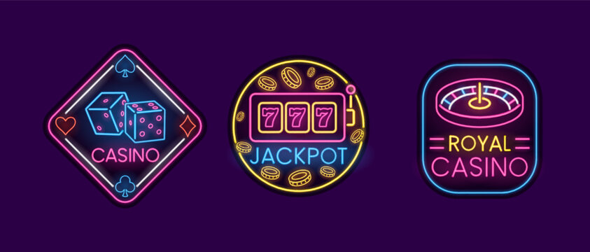 Casino games neon glowing linear vector designs set, royal casino wheel roulette, dices and jackpot win on slot machine