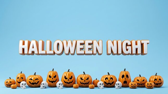 A festive Halloween scene with jack-o-lanterns and skulls on a light blue background