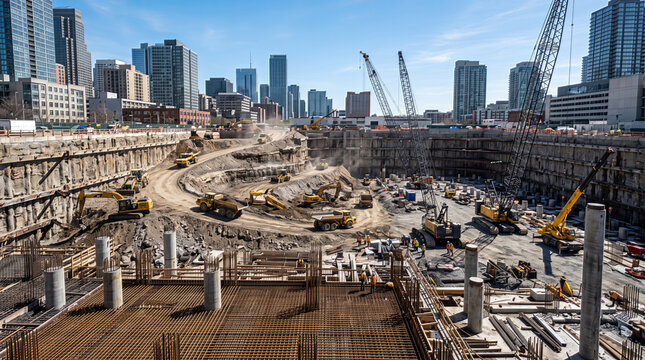 Construction site deep excavation pit surrounded by modern city skyscrapers under clear blue sky during urban development project.
