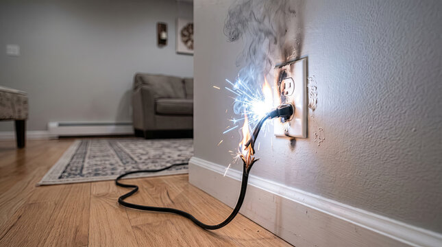 Electrical outlet sparks and emits smoke from a short circuit in a home living room wall.
