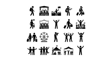 Fototapeta premium Festival Icons, Crowd Silhouettes, Music Event Symbols, Travel People Graphics