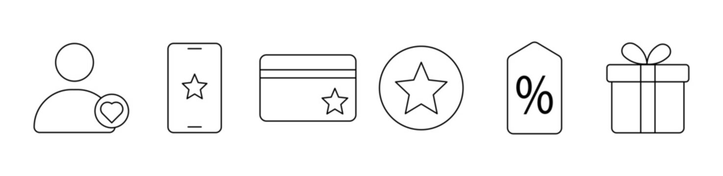 Customer loyalty icon set. Outline member, mobile rewards, loyalty card, star, discount, and gift symbols representing reward programs, customer retention, membership, benefits, and promotions.