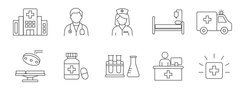 Healthcare icon set. Outline hospital, doctor, nurse, ambulance, surgery, medicine, laboratory, first aid, and emergency symbols representing medical care, treatment, health services, and clinics.