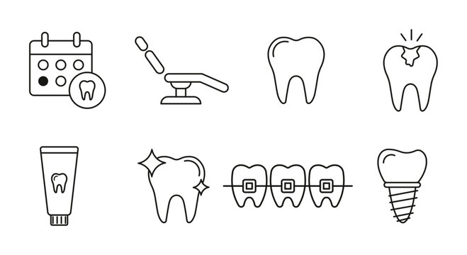 Dental care icon set. Outline dentist chair, tooth, toothache, toothpaste, dental cleaning, braces, implant, and appointment symbols representing oral health, dentistry, treatment, and hygiene.
