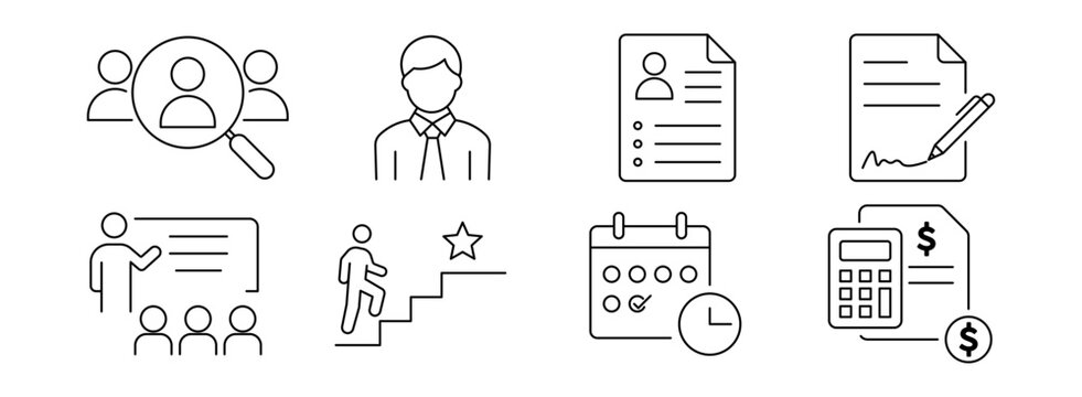 Human resources icon set. Outline recruitment, employee profile, resume, training, career growth, payroll, and HR management symbols representing hiring, workforce, and personnel management.