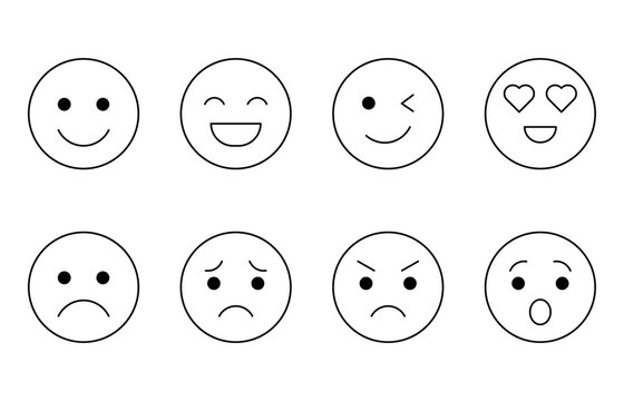 Emoji face icon set. Outline happy, smiling, wink, love, sad, worried, angry, and surprised face symbols representing emotions, reactions, mood, feelings, and social communication.