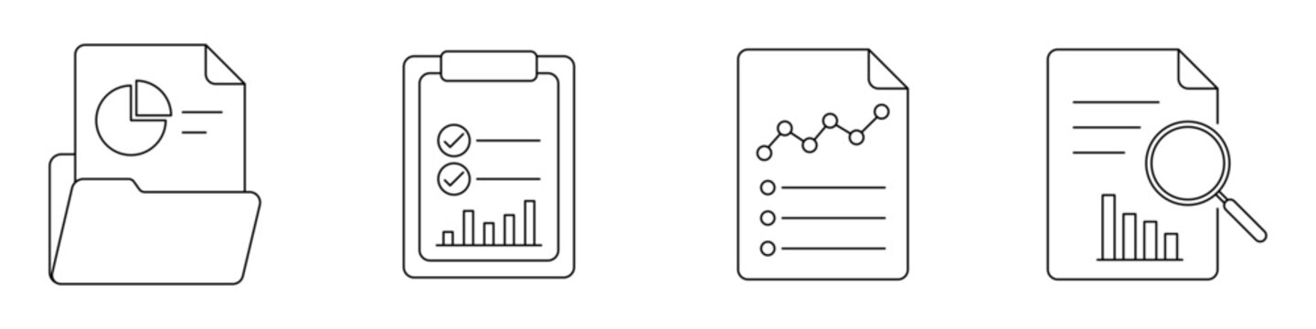 Business report icon set. Outline analytics folder, checklist, growth chart, and data document symbols representing business analysis, reporting, performance tracking, statistics, and management.