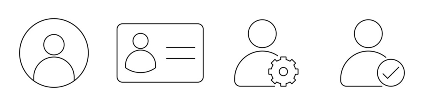 User profile icon set. Outline account, ID card, profile settings, and verified user symbols representing personal identity, account management, registration, authentication, and user verification.