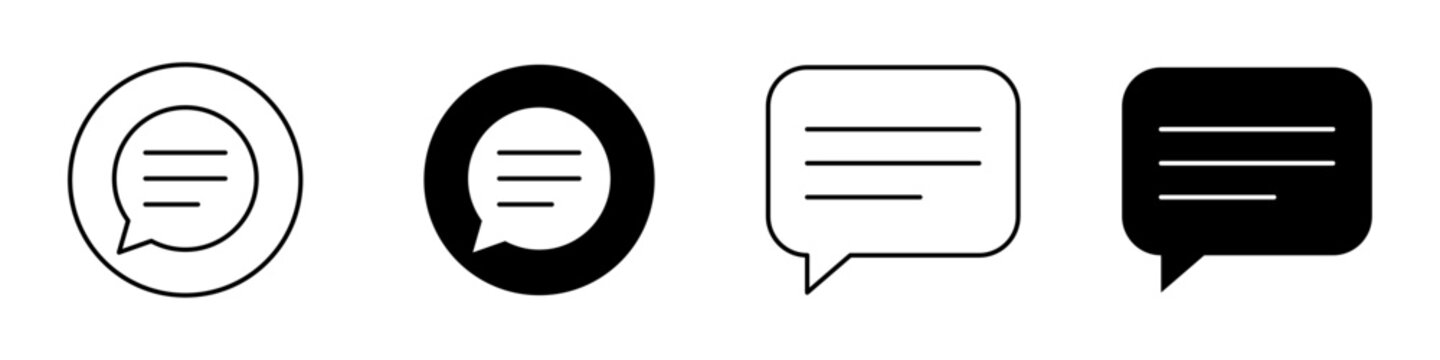 Chat message icon set. Outline speech bubble, conversation, text message, and communication symbols representing online chat, messaging, customer support, discussion, and digital communication.