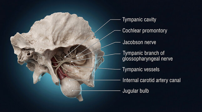 Temporal bone anatomy with tympanic cavity cochlear promontory Jacobson nerve and internal carotid canal study
