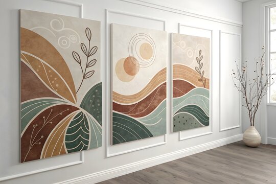 Modern Triptych Wall Art Featuring Abstract Nature Inspired Designs On White Walls