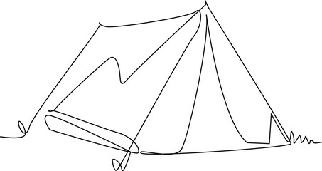 Minimalist continuous one line illustration of a camping tent, representing outdoor adventure, hiking, travel and wilderness camping. © Md Hasan