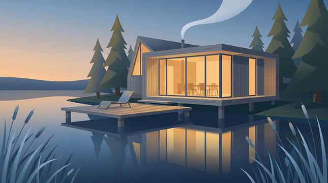 A serene illustration of a modern glass cabin with glowing cozy interiors, nestled among pine trees on a calm lake shore next to a wooden dock with a lounge chair at quiet twilight.
