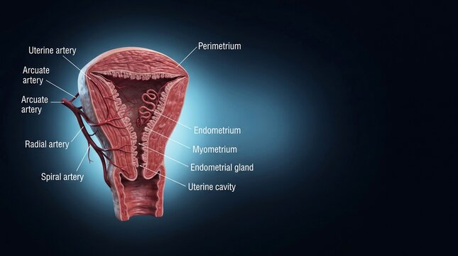 Uterine anatomy showing endometrium myometrium uterine space spiral arteries and endometrial glands in section