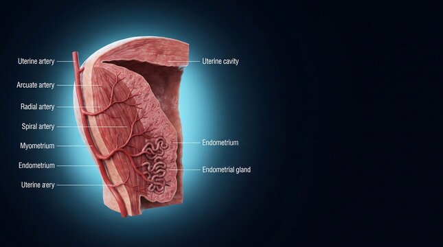 Uterine wall anatomy showing arcuate radial spiral arteries endometrium myometrium and uterine space in detail