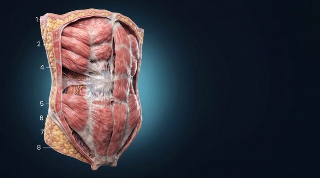 3D abdominal wall anatomy showing layered muscles fascia connective tissue nerves vessels and subcutaneous fat