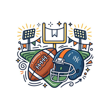 Colorful illustration of American football game with helmet and ball.