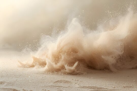 High-speed photograph of a dramatic sand and dust powder explosion on a desert floor surface, with fine particulate cloud and warm backlighting