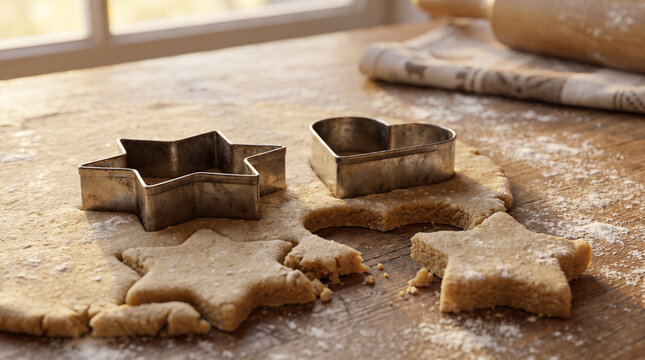 Close-up of metal cookie cutters in star and heart shapes on dough  