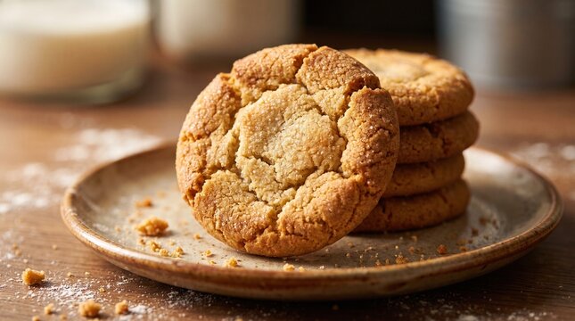 Close-up of freshly baked golden cookies stacked on a rustic plate  