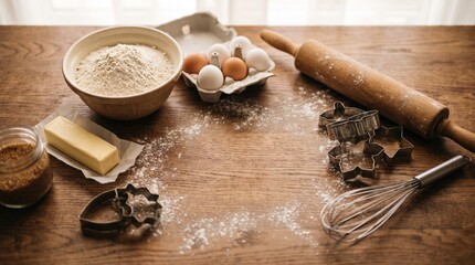 Fototapeta premium Overhead flatlay of baking ingredients and tools on a wooden table 