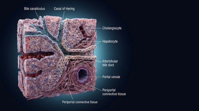 Liver histology illustration showing hepatocytes, cholangiocytes, portal venule and periportal detail clinical