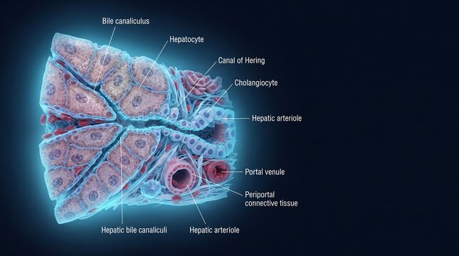 Liver microanatomy diagram showing bile canaliculi, canal of Hering, hepatocytes and hepatic vascular clinical