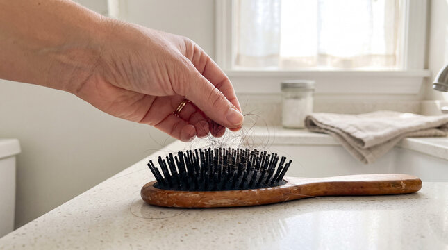 Woman's hand removing hair from a wooden hairbrush in a bathroom  