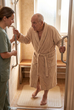Elderly man receiving assistance in the shower from a caregiver  