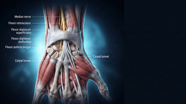 Carpal tunnel anatomy showing median nerve, flexor tendons, retinaculum and carpal bones of the wrist clinical
