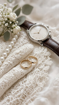 Wedding Rings and Groom Watch on Delicate White Lace Close Up