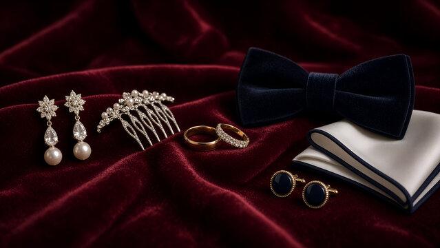 Groom Bow Tie Rings and Bridal Jewelry on Deep Red Velvet
